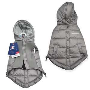 Champion Grey Hooded Puffer Jacket Vest Dog’s Size Small